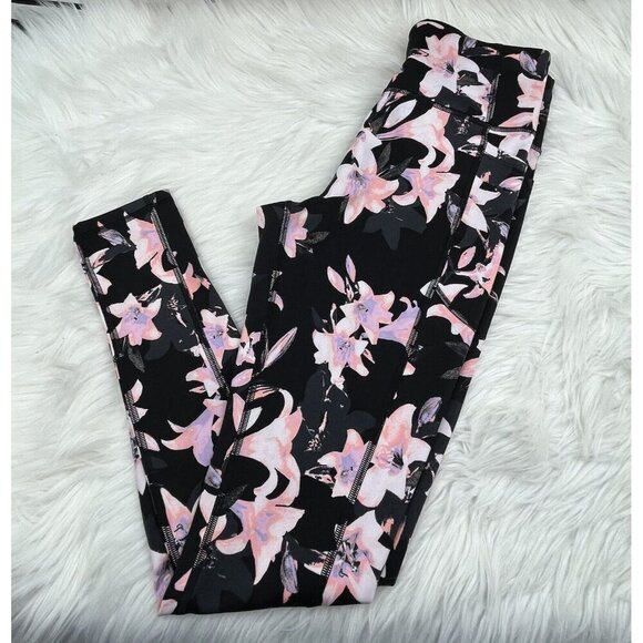Victoria’s Secret Essential Leggings Size 8 Black/Pink Lily Floral Print Yoga - Picture 1 of 9